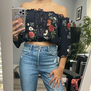 Paperheart tie crop top - black floral with lace detail